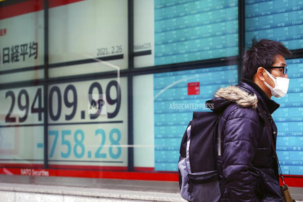 Eugene Hoshiko A man wearing a protective mask walks in front of an electronic stock board showing Japan's Nikkei 225 index at a securities firm Friday, Feb. 26, 2021, in Tokyo. Asian shares skidded Friday after rising bond yields triggered a broad sell-off on Wall Street that erased the markets gain for the week and handed the Nasdaq composite index its steepest loss since October. (AP Photo/Eugene Hoshiko)