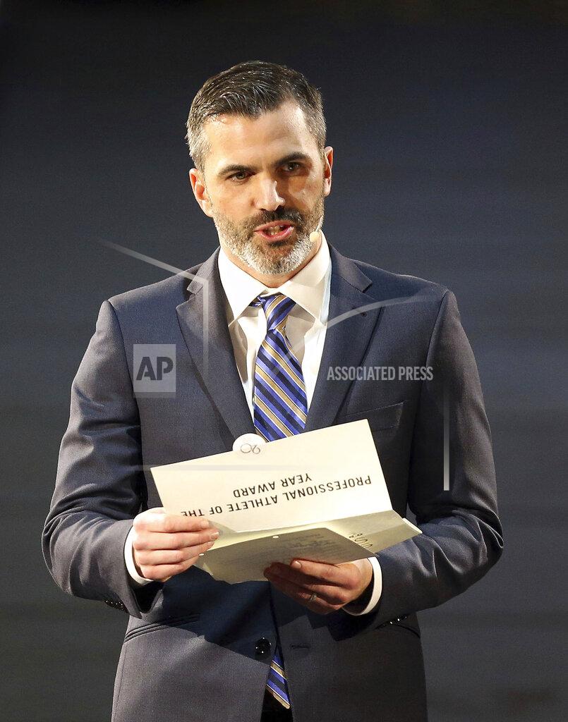 Cleveland Browns head coach Kevin Stefanski announces the 2019 professional athlete of the year during the 2020 Greater Cleveland Sports Awards in Cleveland, Wednesday, Jan. 22, 2020. Stefanski could be reuniting with an old friend in Cleveland. The team is interviewing Vikings assistant general manager George Paton for the second time to be their new GM, a person familiar with the meeting told The Associated Press on Wednesday. (Joshua Gunter/Cleveland.com via AP)