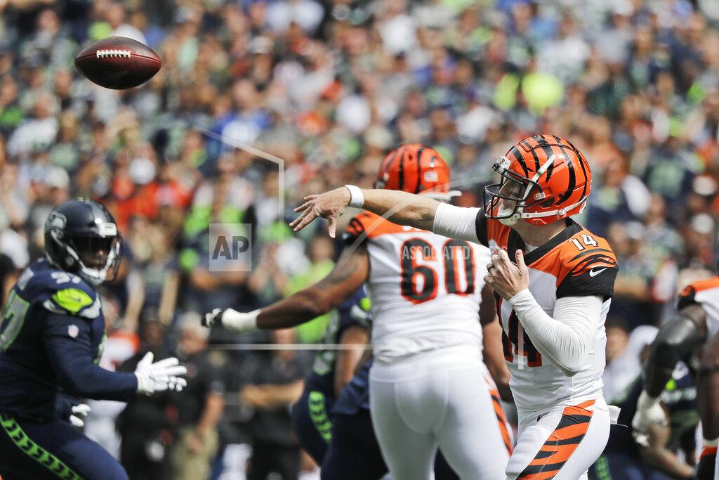 John Froschauer Cincinnati Bengals quarterback Andy Dalton passes against the Seattle Seahawks during the first half of an NFL football game, Sunday, Sept. 8, 2019, in Seattle. (AP Photo/John Froschauer)