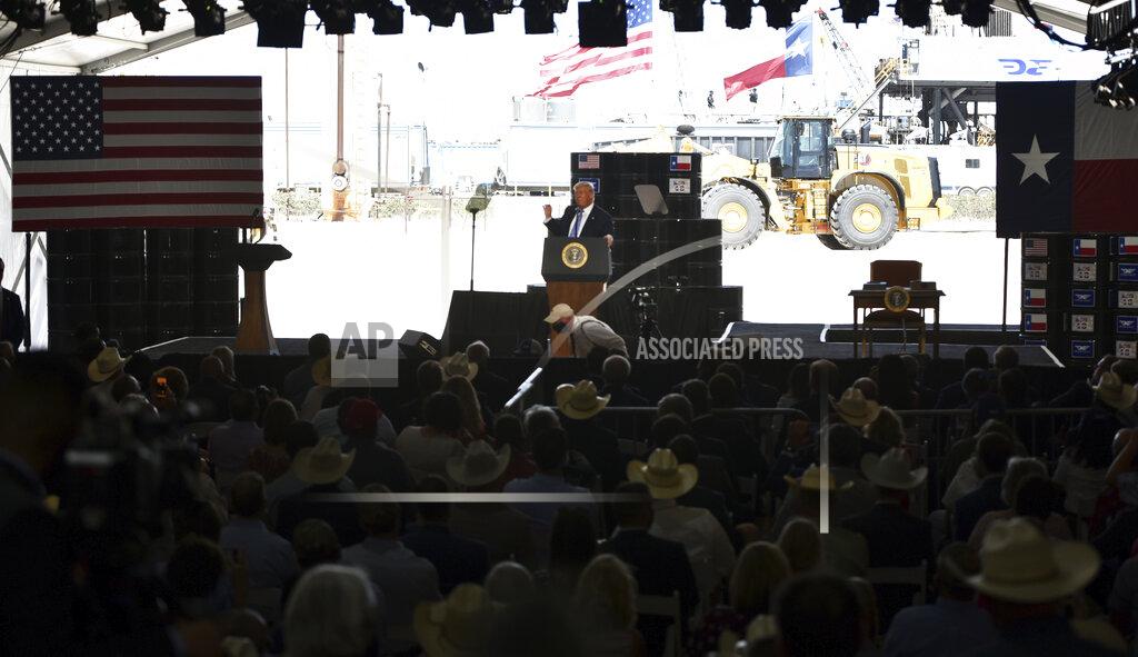 Eli Hartman President Donald Trump speaks during a visit to a Double Eagle Energy drilling rig site in Midland, Texas on Wednesday, July 29, 2020. (Eli Hartman/Odessa American via AP)