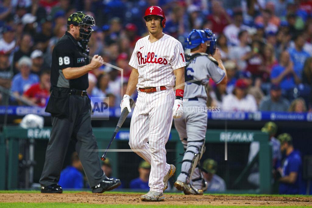 Chris Szagola Philadelphia Phillies' J.T. Realmuto walks away after striking out during the second inning of the team's baseball game against the Los Angeles Dodgers, Friday, May 20, 2022, in Philadelphia. (AP Photo/Chris Szagola)