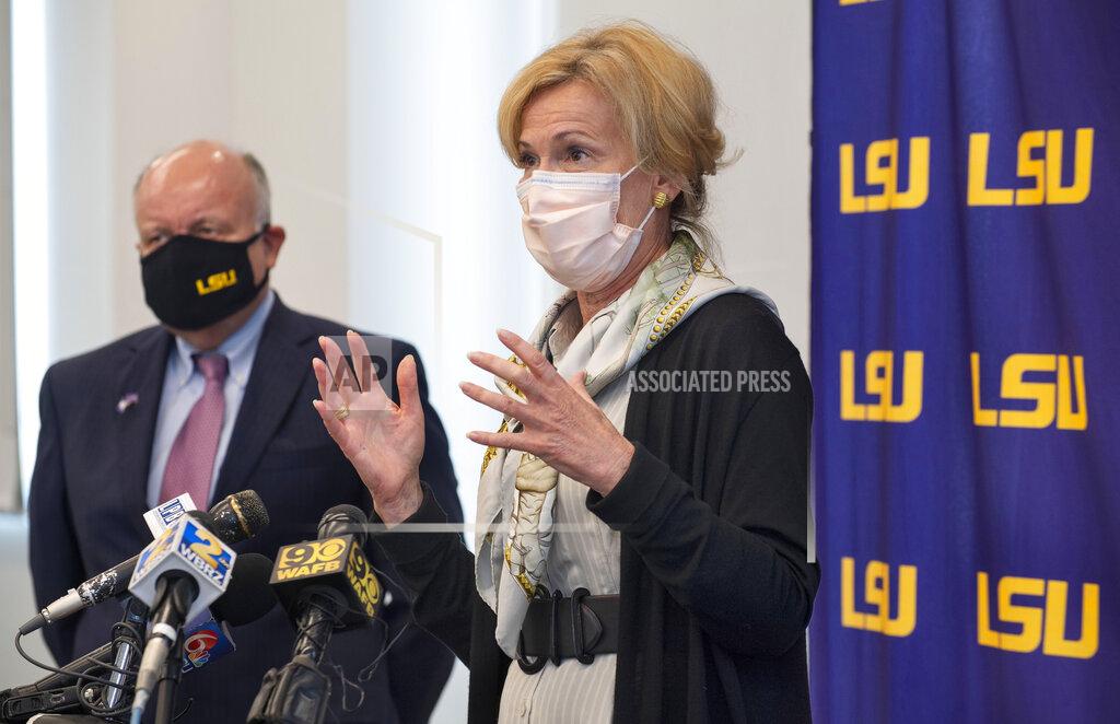 Dr. Deborah Birx, right, coordinator of the White House coronavirus task force, speaks at a press conference along LSU interim President Tom Galligan, left, after one of several roundtable discussions with LSU officials and others, Wednesday, Sept. 23, 2020 in the LSU Foundation Training Room in Baton Rouge, La. (Travis Spradling/The Advocate via AP)