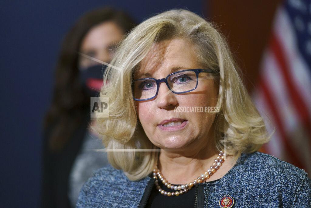 J. Scott Applewhite FILE - In this April 20, 2021, file photo Rep. Liz Cheney, R-Wyo., the House Republican Conference chair, speaks with reporters following a GOP strategy session on Capitol Hill in Washington. Donald Trump and his supporters are intensifying efforts to shame members of the party who are seen as disloyal to the former president and his false claims that last year’s election was stolen from him.(AP Photo/J. Scott Applewhite,File)