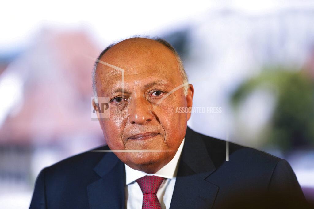 Markus Schreiber Egyptian Minister of Foreign Affairs Sameh Shoukry poses for media after an interview with the Associated Press at the World Economic Forum in Davos, Switzerland, Monday, May 23, 2022. The annual meeting of the World Economic Forum is taking place in Davos from May 22 until May 26, 2022. (AP Photo/Markus Schreiber)