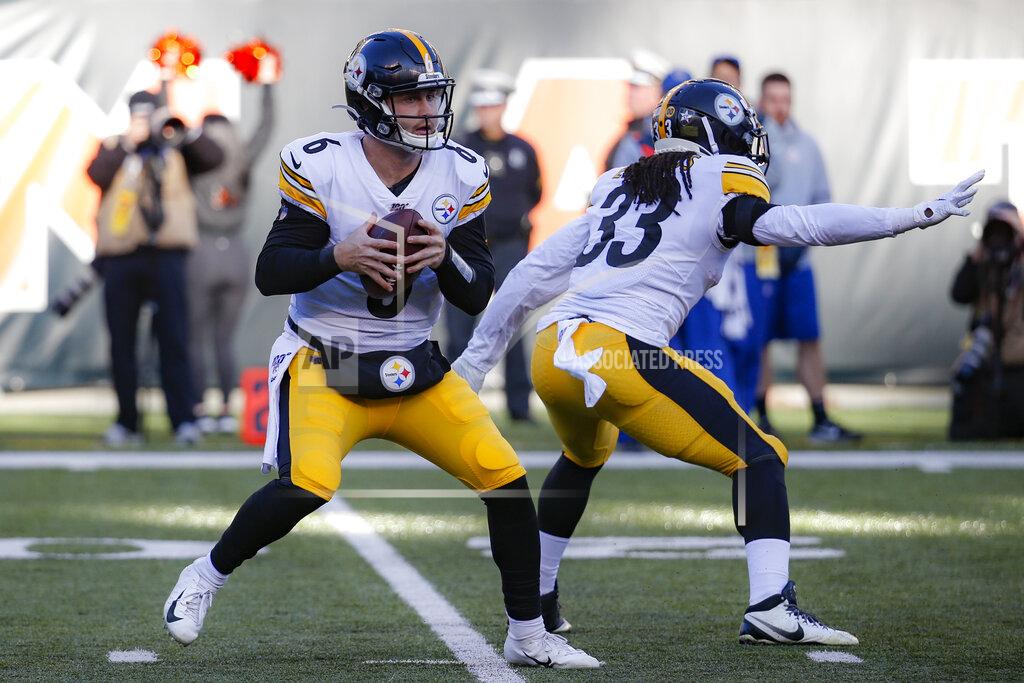 Frank Victores Pittsburgh Steelers quarterback Devlin Hodges (6) looks to pass during the second half an NFL football game against the Cincinnati Bengals, Sunday, Nov. 24, 2019, in Cincinnati. (AP Photo/Frank Victores)