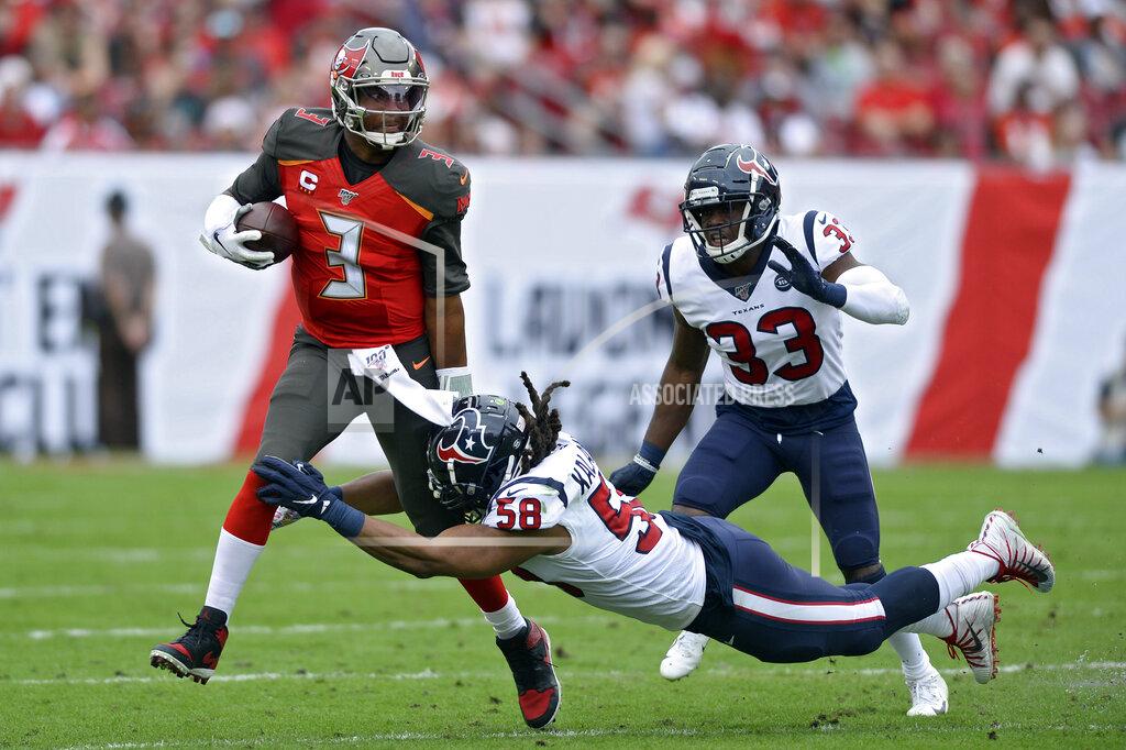 Jason Behnken Tampa Bay Buccaneers quarterback Jameis Winston (3) is sacked by Houston Texans linebacker Peter Kalambayi (58) during the first half of an NFL football game Saturday, Dec. 21, 2019, in Tampa, Fla. Trailing the play is Texans' A.J. Moore. (AP Photo/Jason Behnken)