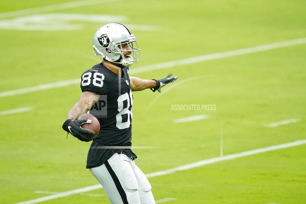 John Locher Las Vegas Raiders wide receiver Marcell Ateman (88) reacts while on the field during an NFL football training camp practice Friday, Aug. 21, 2020, in Las Vegas. (AP Photo/John Locher)
