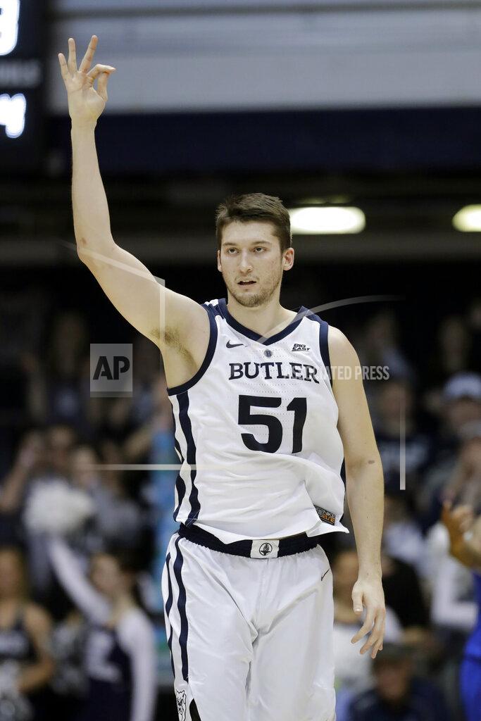 Darron Cummings Butler's Nate Fowler reacts after hitting a three-point shot during the second half of an NCAA college basketball game against Seton Hall, Saturday, Feb. 2, 2019, in Indianapolis. Butler won 70-68. (AP Photo/Darron Cummings)