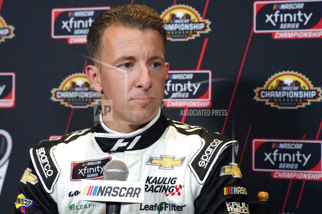 Rick Scuteri AJ Allmendinger speaks during media day ahead of Saturday's NASCAR Xfinity Cup Series championship auto race Thursday, Nov. 4, 2021, in Phoenix. (AP Photo/Rick Scuteri)