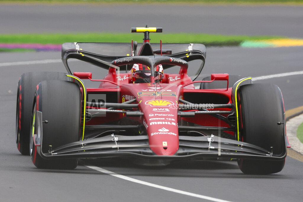 Asanka Brendon Ratnayake Ferrari driver Carlos Sainz of Spain steers his car during the second practice session for the Australian Formula One Grand Prix in Melbourne, Australia, Friday, April 8, 2022. (AP Photo/Asanka Brendon Ratnayake)