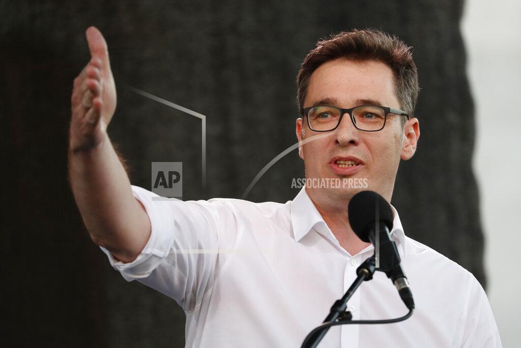 Laszlo Balogh Mayor of Budapest Gergely Karacsony addresses protesters in Budapest, Hungary, Saturday, June 5, 2021. Thousands of people gathered opposing the Hungarian government's plan of building a campus for China's Fudan University in Budapest. (AP Photo/Laszlo Balogh)