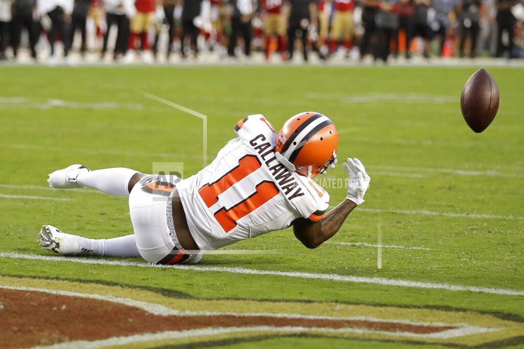 Ben Margot Cleveland Browns wide receiver Antonio Callaway (11) drops a pass which San Francisco 49ers defensive back K'Waun Williams intercepted during the first half of an NFL football game in Santa Clara, Calif., Monday, Oct. 7, 2019. (AP Photo/Ben Margot)
