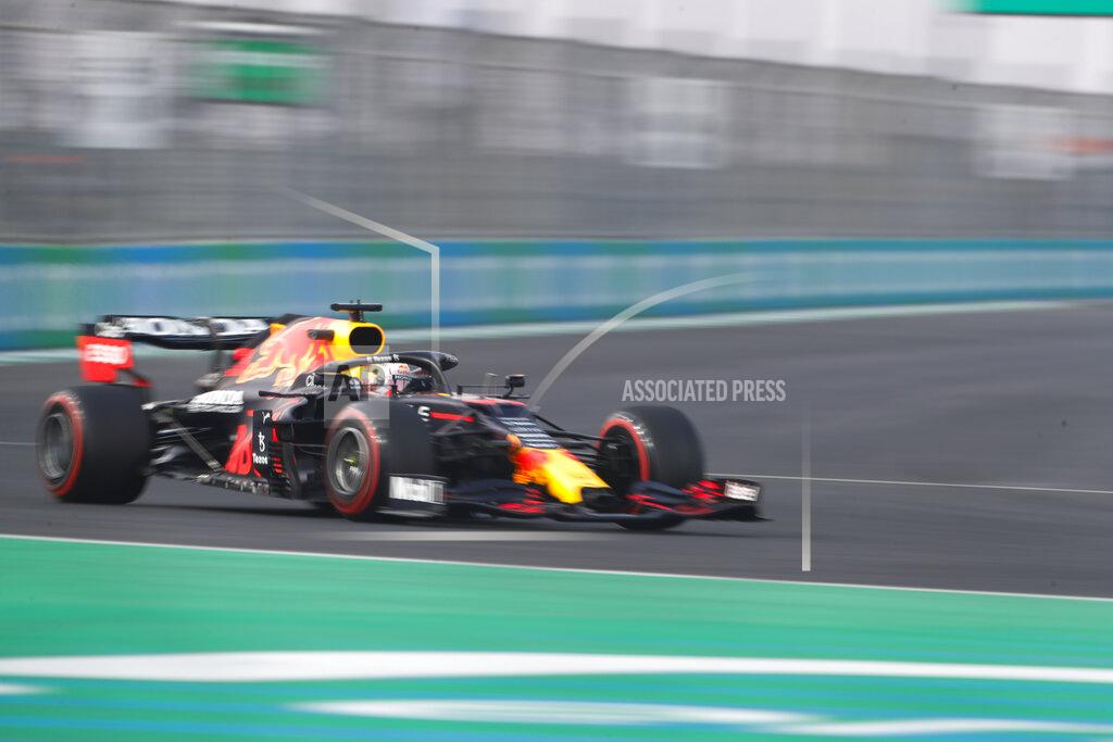 Amr Nabil Red Bull driver Max Verstappen of the Netherlands in action during practice session for the Formula One Saudi Arabian Grand Prix in Jiddah, Saturday, Dec. 4, 2021. (AP Photo/Amr Nabil)