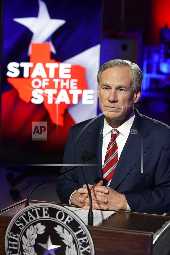 Bob Daemmrich Texas Gov. Greg Abbott prepares to deliver his State of the State speech at Visionary Fiber Technologies, for the first time outside the Capitol, Monday, Feb. 1, 2021, in Lockhart, Texas. (Bob Daemmrich/Pool Photo via AP)