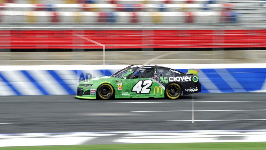 Mike Mccarn Kyle Larson during practice for Sunday's NASCAR Cup Series auto race at Charlotte Motor Speedway in Concord, N.C., Saturday, Sept. 28, 2019. (AP Photo/Mike McCarn)