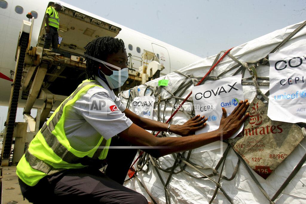 Diomande Ble Blonde A shipment of COVID-19 vaccines distributed by the COVAX Facility arrives in Abidjan, Ivory Coast, Friday Feb. 25, 2021. Ivory Coast is the second country in the world after Ghana to receive vaccines acquired through the United Nations-backed COVAX initiative with a delivery of 504,000 doses of the AstraZeneca vaccine made by the Serum Institute of India. (AP Photo/ Diomande Ble Blonde)