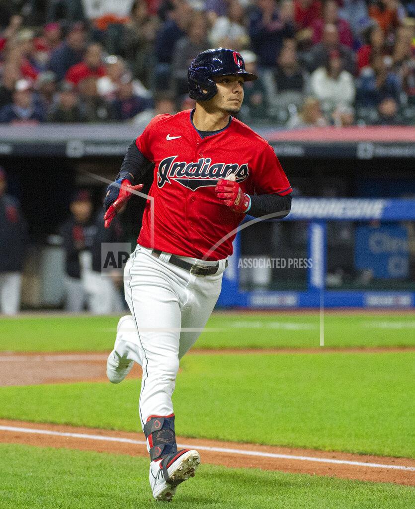 Phil Long Cleveland Indians' Andres Gimenez heads to first base after hitting a solo home run off Chicago White Sox starting pitcher Lance Lynn during the third inning of a baseball game in Cleveland, Saturday, Sept. 25, 2021. (AP Photo/Phil Long)