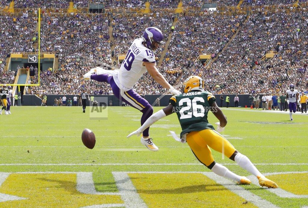 Mike Roemer Minnesota Vikings' Adam Thielen is called for pass interference on a play against Green Bay Packers' Darnell Savage during the second half of an NFL football game Sunday, Sept. 15, 2019, in Green Bay, Wis. (AP Photo/Mike Roemer)