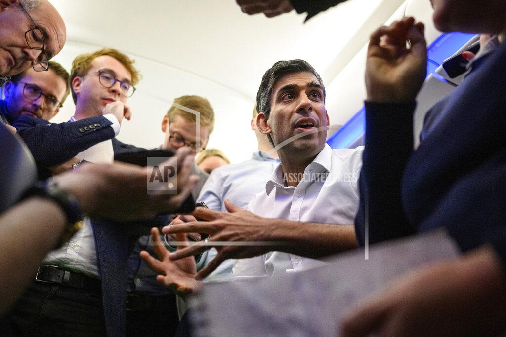 Leon Neal FILE - Britain's Prime Minister Rishi Sunak meets with the media aboard a plane on his way to the G20 meeting in Bali, Indonesia, Nov. 13, 2022. In his first month as Britain's prime minister, Rishi Sunak has stabilized the economy, reassured allies from Washington to Kyiv and even soothed the European Union after years of sparring between Britain and the bloc. But Sunak’s challenges are just beginning. He is facing a stagnating economy, a cost-of-living crisis – and a Conservative Party that is fractious and increasingly unpopular after 12 years in power. (Leon Neal/Pool Photo via AP, File)