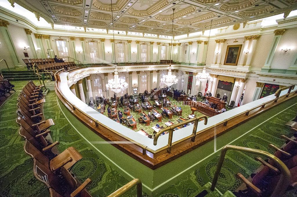FILE - In this Aug. 31, 2020, file photo, is the Assembly gallery overlooking a legislative session in Sacramento, Calif. California lawmakers on Monday, Feb. 22, 2021, approved a COVID stimulus package that includes $600 in cash for 5.7 million people. (AP Photo/Hector Amezcua, File)