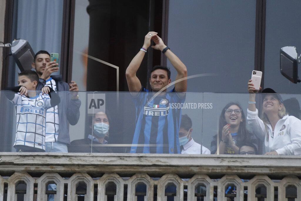 Luca Bruno Inter Milan vice-president Javier Zanetti celebrates after Inter Milan won its first Serie A title in more than a decade after second-placed Atalanta drew 1-1 at Sassuolo, in Milan, Italy, Sunday, May 2, 2021. Atalanta needed to win to avoid Inter mathematically clinching the title with four matches remaining. It was Inter's first trophy since 2011 and the first Serie A title since 2010. (AP Photo/Luca Bruno)