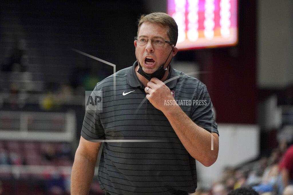 Jeff Chiu Stanford head coach Jerod Haase reacts toward officials during the first half of his team's NCAA college basketball game against Oregon in Stanford, Calif., Sunday, Dec. 12, 2021. (AP Photo/Jeff Chiu)