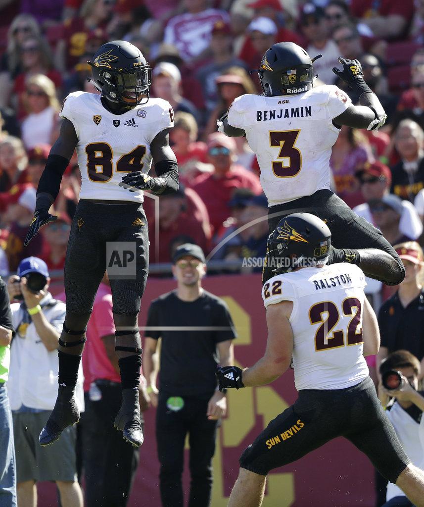 Marcio Jose Sanchez Arizona State running back Eno Benjamin (3) celebrates his rushing touchdown with teammate Frank Darby (84) during the first half of an NCAA college football game Saturday, Oct. 27, 2018, in Los Angeles. (AP Photo/Marcio Jose Sanchez)