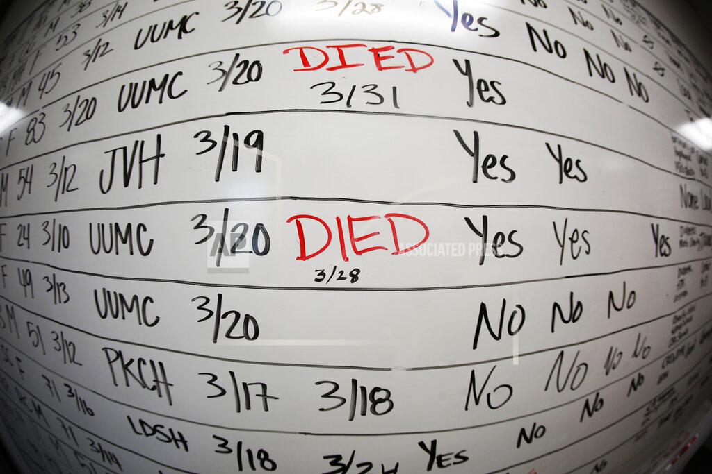 Rick Bowmer FILE - This May 13, 2020 photo made with a fisheye lens shows a list of the confirmed COVID-19 cases in Salt Lake County early in the coronavirus pandemic at the Salt Lake County Health Department, in Salt Lake City. After a weekend of gun violence in America, Saturday, May 14, 2022, when shootings killed and wounded people grocery shopping, going to church and simply living their lives, the nation marked a milestone of 1 million deaths from COVID-19. The number, once unthinkable, is now a pedestrian reality in the United States, just as is the reality of the continuing epidemic of gun violence that kills tens of thousands of people a year. (AP Photo/Rick Bowmer, File)
