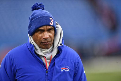FILE -Buffalo Bills defensive coordinator Leslie Frazier wears the number 3 in support of safety Damar Hamlin during practice before an NFL football game against the New England Patriots, Sunday, Jan. 8, 2023, in Orchard Park, N.Y. Veteran NFL coach Leslie Frazier is expected to join the Seattle Seahawks as an associate head coach, two people with knowledge of the hire told The Associated Press on Friday, Feb. 2, 2024.(AP Photo/Adrian Kraus, File)