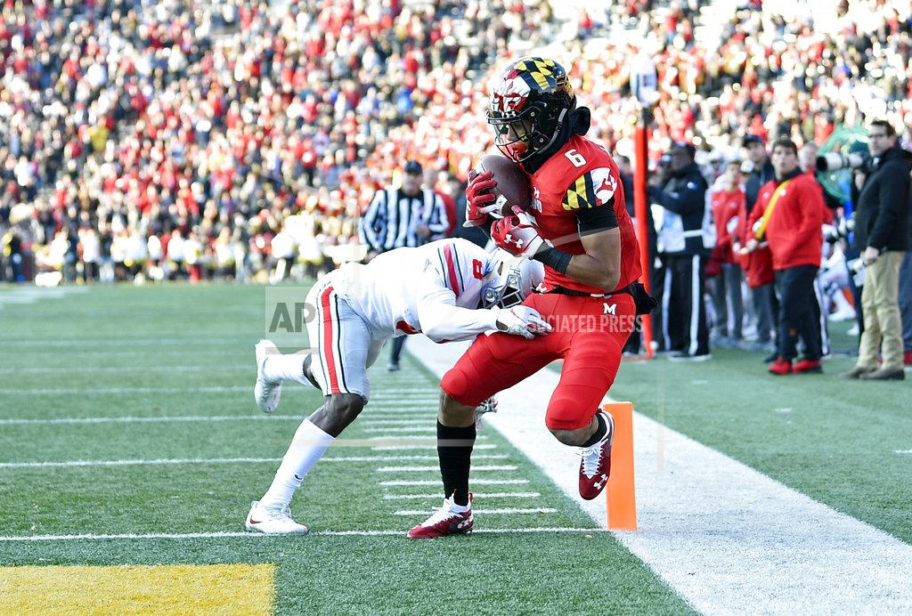 Nick Wass Maryland wide receiver Jeshaun Jones (6) scores a touchdown against Ohio State cornerback Kendall Sheffield (8) during the second half of an NCAA college football game, Saturday, Nov. 17, 2018, in College Park, Md. Ohio State won 52-51 in overtime. (AP Photo/Nick Wass)