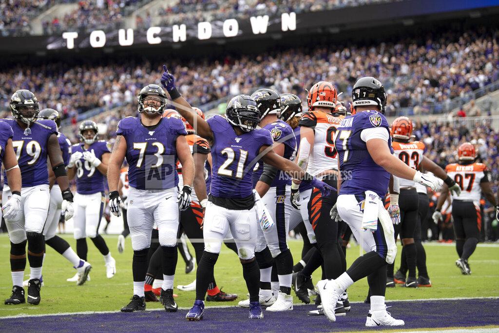 Nick Wass Baltimore Ravens running back Mark Ingram (21) reacts after scoring a touchdown on a run against the Cincinnati Bengals during the first half of a NFL football game Sunday, Oct. 13, 2019, in Baltimore. (AP Photo/Nick Wass)