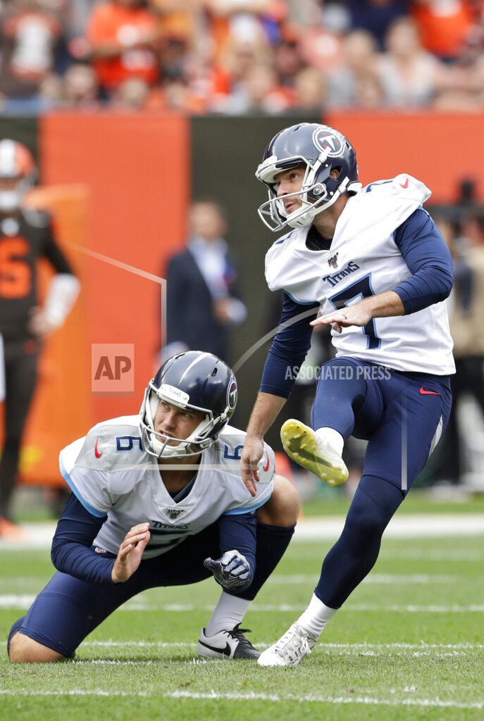 Ron Schwane Tennessee Titans kicker Cairo Santos watches his ball after kicking a 53-yard field goal during the second half in an NFL football game against the Cleveland Browns, Sunday, Sept. 8, 2019, in Cleveland. (AP Photo/Ron Schwane)