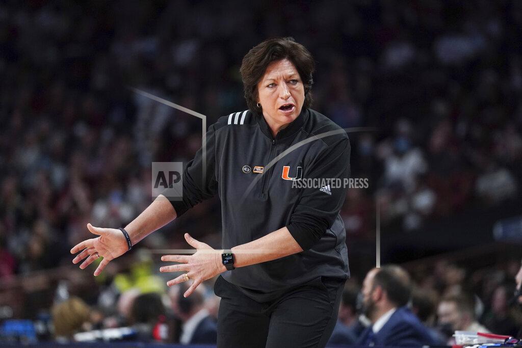 Sean Rayford Miami head coach Katie Meier communicates with players during the first half a second-round game against South Carolina in the NCAA college basketball tournament Sunday, March 20, 2022 in Columbia, S.C. (AP Photo/Sean Rayford)