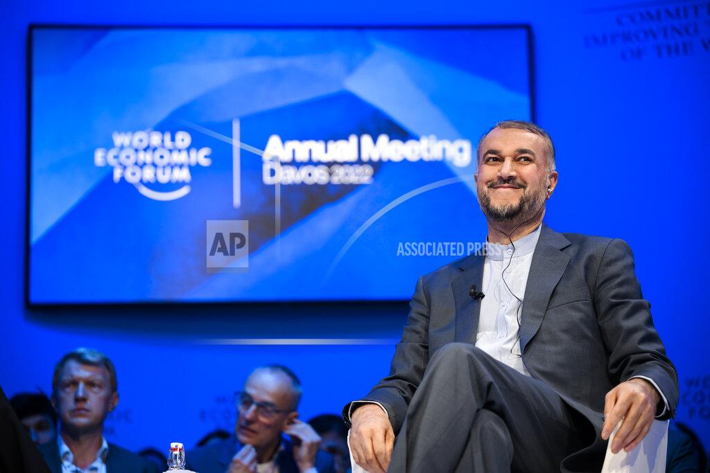 Laurent Gillieron Hossein Amir-Abdollahian, Minister of Foreign Affairs of Iran, speaks during the 51st annual meeting of the World Economic Forum, WEF, in Davos, Switzerland, on Thursday, May 26, 2022. The forum has been postponed due to the Covid-19 outbreak and was rescheduled to early summer. The meeting brings together entrepreneurs, scientists, corporate and political leaders in Davos under the topic "History at a Turning Point: Government Policies and Business Strategies" from 22 - 26 May 2022. (Laurent Gillieron/Keystone via AP)
