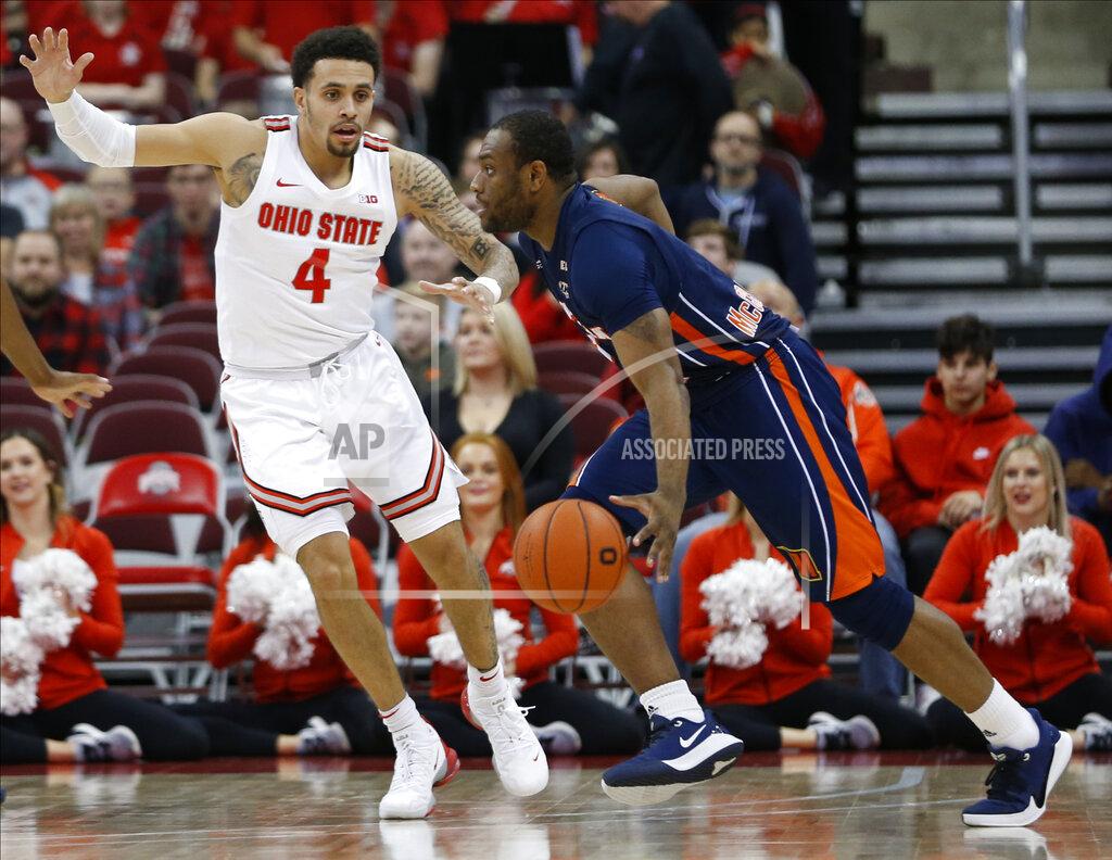 Jay Laprete Morgan State's LaPri McCray-Pace, right, tries to drive the lane against Ohio State's Duane Washington during the second half of an NCAA college basketball game Friday, Nov. 29, 2019, in Columbus, Ohio. Ohio State beat Morgan State 90-57. (AP Photo/Jay LaPrete)
