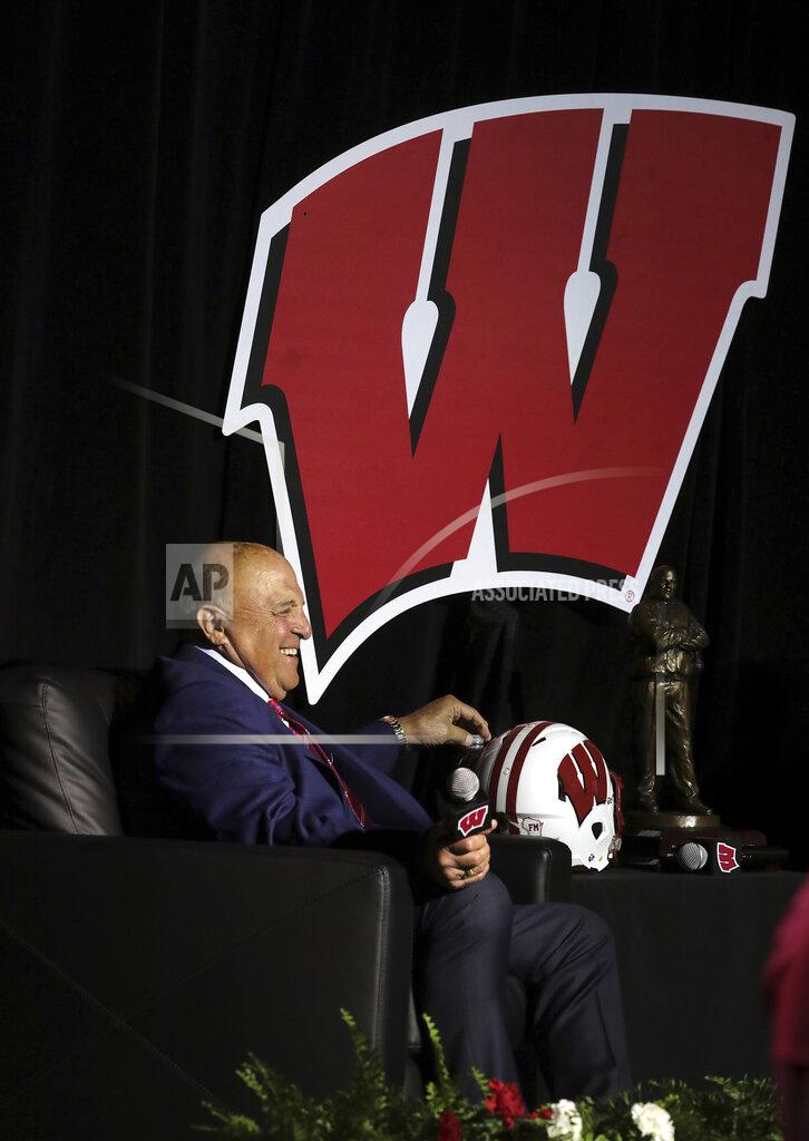 John Hart University of Wisconsin Athletic Director Barry Alvarez shares a light moment during an event marking his retirement announcement at the Kohl Center in Madison, Wis. Tuesday, April 6, 2021. (John Hart/Wisconsin State Journal via AP)