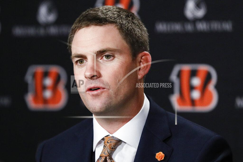 John Minchillo Cincinnati Bengals football head coach Zac Taylor speaks during a news conference, Tuesday, Feb. 5, 2019, in Cincinnati. After 16 years without a playoff win under Marvin Lewis, the Bengals decided to try something different. But they had to wait more than a month before hiring Zac Taylor as their next coach in hopes of ending a long streak of futility. (AP Photo/John Minchillo)