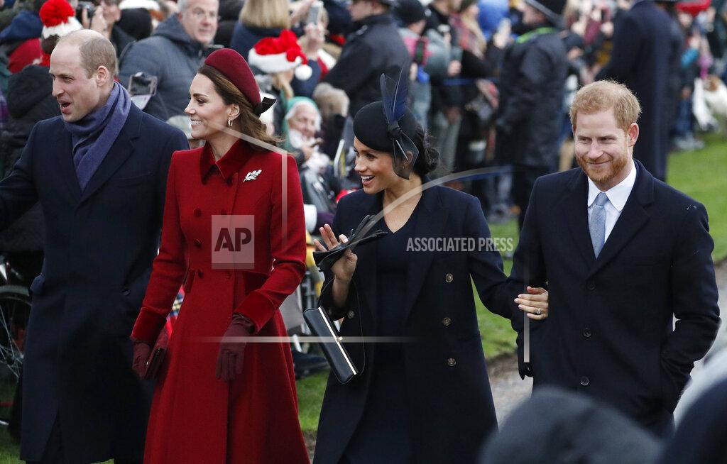 Frank Augstein FILE - In this Tuesday, Dec. 25, 2018 file photo, Britain's Prince William, left, Kate, Duchess of Cambridge, second left, Meghan Duchess of Sussex and Prince Harry, right, arrive to attend the Christmas day service at St Mary Magdalene Church in Sandringham in Norfolk, England. Britain and its royal family are absorbing the tremors from a sensational television interview with Prince Harry and Meghan. The couple said they encountered racist attitudes and a lack of support that drove Meghan to thoughts of suicide. The couple gave a deeply unflattering depiction of life inside the royal household, depicting a cold, uncaring institution that they had to flee to save their lives. Meghan told Oprah Winfrey that at one point “I just didn’t want to be alive anymore.” Meghan, who is biracial, said that when she was pregnant with son Archie, there were “concerns and conversations about how dark his skin might be when he’s born.” (AP PhotoFrank Augstein, File)