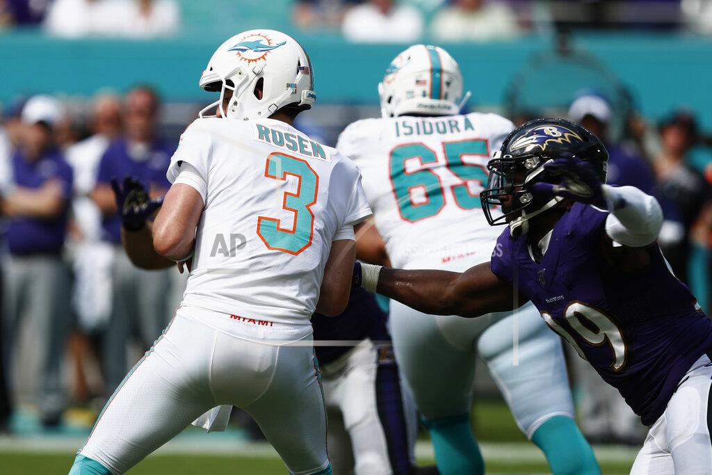 Baltimore Ravens outside linebacker Matt Judon (99) goes after Miami Dolphins quarterback Josh Rosen (3) for a sack, during the second half at an NFL football game, Sunday, Sept. 8, 2019, in Miami Gardens, Fla. (AP Photo/Brynn Anderson)