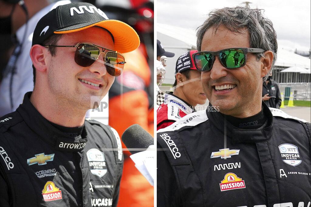 Uncredited FILE - At left, in a May 2, 2021, filer photo, Pato O'Ward is interviewed on the grid before an IndyCar Series auto race at Texas Motor Speedway in Fort Worth, Texas. At right, in an April 8, 2021, file photo, Juan Pablo Montoya smiles before testing at Indianapolis Motor Speedway in Indianapolis. There's something familiar about Pato O'Ward. He sure seems like the second coming of Juan Pablo Montoya. (AP Photo/File)