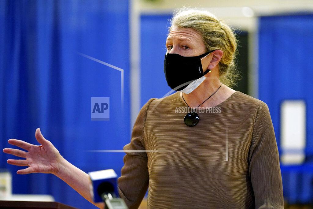 Robert F. Bukaty Commissioner Jeanne Lambrew, of the Department of Health and Human Services, speaks to reporters a day ahead of the launching of a new community COVID-19 vaccination clinic at the Portland Expo, Monday, March 1, 2021, in Portland, Maine. (AP Photo/Robert F. Bukaty)