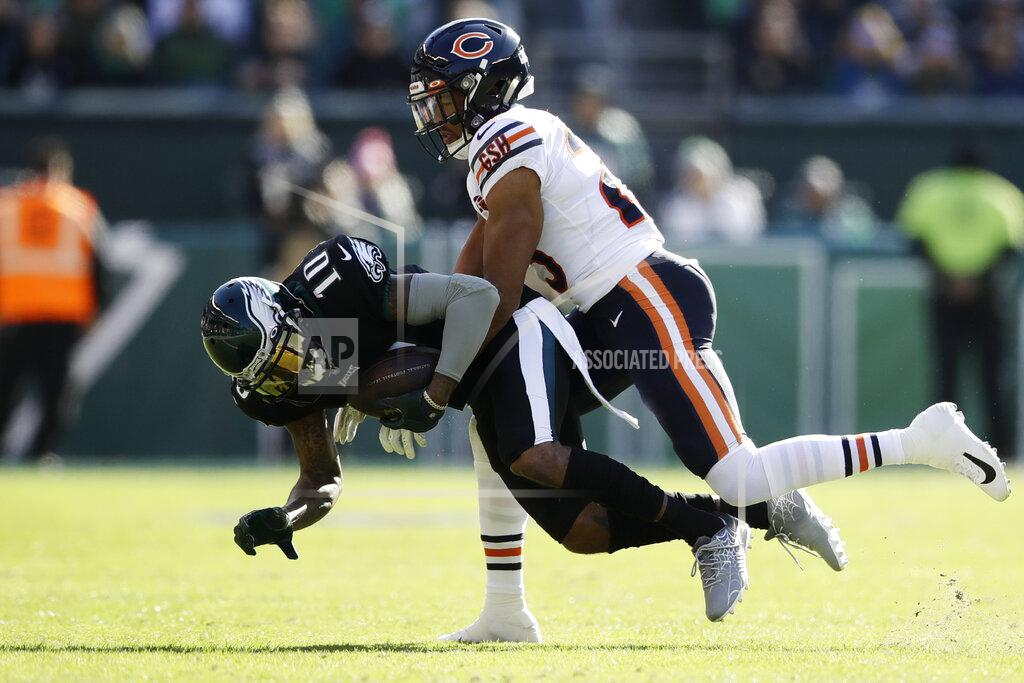 Matt Rourke Philadelphia Eagles' DeSean Jackson, left, is tackled by Chicago Bears' Kyle Fuller during the first half of an NFL football game, Sunday, Nov. 3, 2019, in Philadelphia. (AP Photo/Matt Rourke)