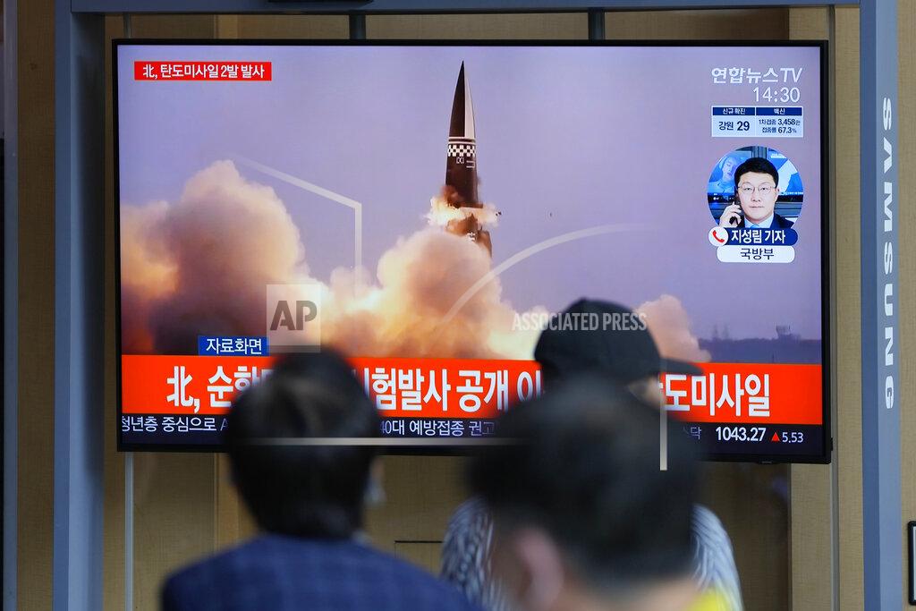 Lee Jin-Man People watch a TV screen showing a news program reporting about North Korea's missiles with file image, in Seoul, South Korea, Wednesday, Sept. 15, 2021. North Korea fired two ballistic missiles into waters off its eastern coast Wednesday afternoon, two days after claiming to have tested a newly developed missile in a resumption of its weapons displays after a six-month lull. (AP Photo/Lee Jin-man)