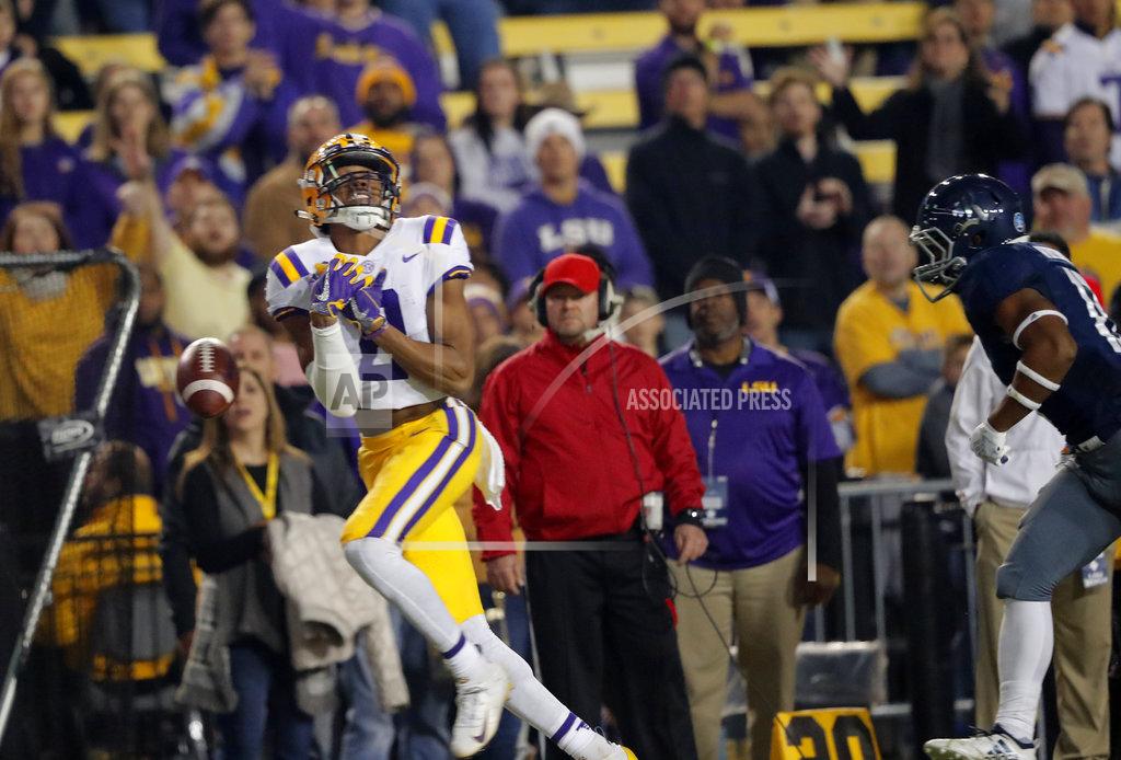 Gerald Herbert LSU wide receiver Justin Jefferson (2) drops a long pass near the end zone as Rice cornerback Collin Whitaker pursues in the first half of an NCAA college football game in Baton Rouge, La., Saturday, Nov. 17, 2018. (AP Photo/Gerald Herbert)