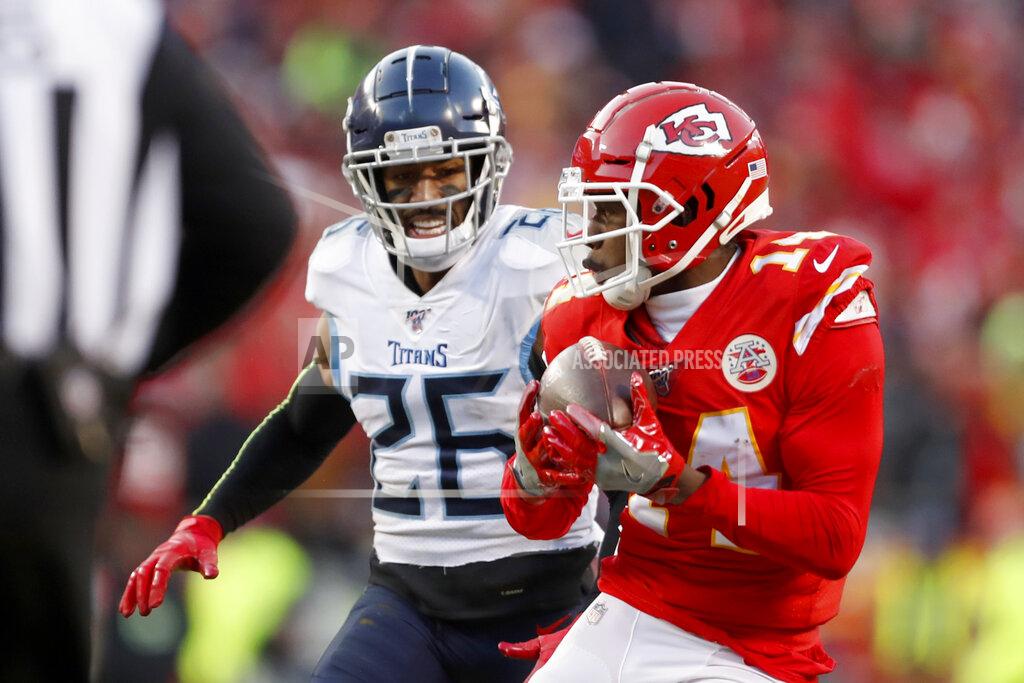 Jeff Roberson Kansas City Chiefs' Sammy Watkins (14) catches a touchdown pass in front of Tennessee Titans cornerback Logan Ryan (26) during the second half of the NFL AFC Championship football game against the Tennessee Titans Sunday, Jan. 19, 2020, in Kansas City, MO. (AP Photo/Jeff Roberson)