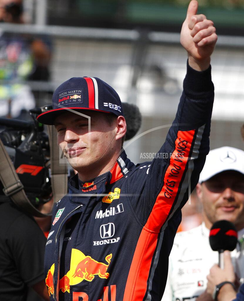 Laszlo Balogh Red Bull driver Max Verstappen of the Netherland's gives the thumbs up after taking his first career pole position for the Hungarian Formula One Grand Prix after qualification at the Hungaroring racetrack in Mogyorod, northeast of Budapest, Hungary, Saturday, Aug. 3, 2019. The Hungarian Formula One Grand Prix takes place on Sunday. (AP Photo/Laszlo Balogh)