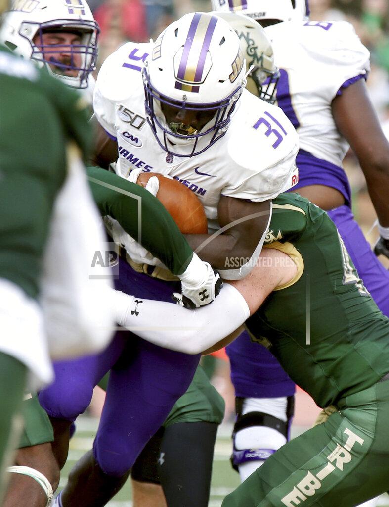 Daniel Sangjib Min James Madison's Percy Agyei-Obese(31) pushes for a touchdown against William & Mary during the first half of of an NCAA college football game in Williamsburg, Va., on Saturday, Oct. 19, 2019. (Daniel Sangjib Min/Richmond Times-Dispatch via AP)