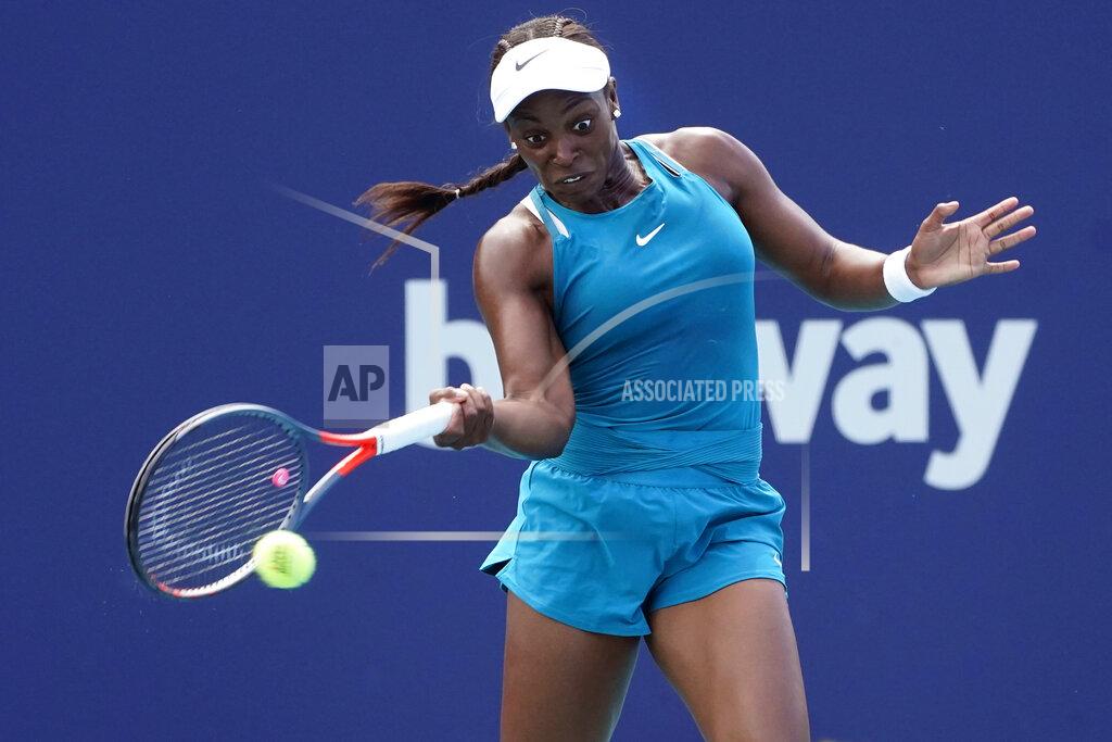 Wilfredo Lee Sloane Stephens returns a shot from Jessica Pegula, during the Miami Open tennis tournament, Friday, March 25, 2022, in Miami Gardens, Fla. (AP Photo/Wilfredo Lee)