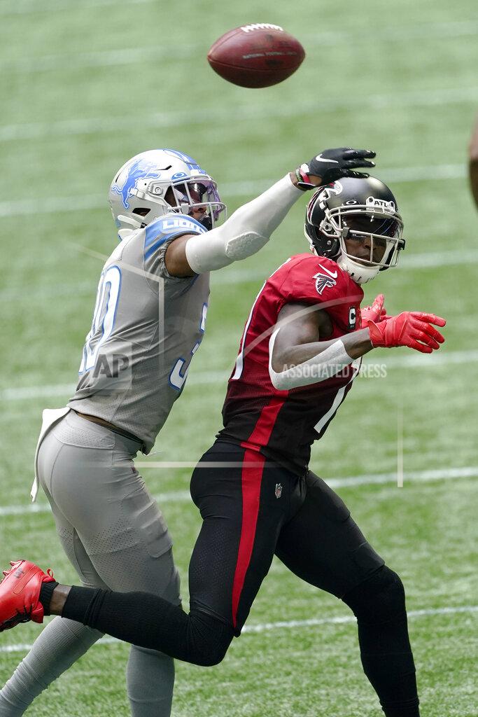 John Bazemore Detroit Lions cornerback Jeff Okudah (30) breaks up a pass intended for Atlanta Falcons wide receiver Julio Jones (11) during the first half of an NFL football game, Sunday, Oct. 25, 2020, in Atlanta. (AP Photo/John Bazemore)