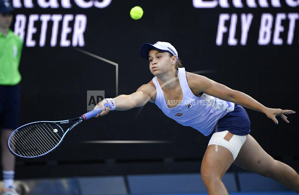 Andy Brownbill Australia's Ash Barty hits a forehand return to Russia's Ekaterina Alexandrova during their third round match at the Australian Open tennis championship in Melbourne, Australia, Saturday, Feb. 13, 2021.(AP Photo/Andy Brownbill)